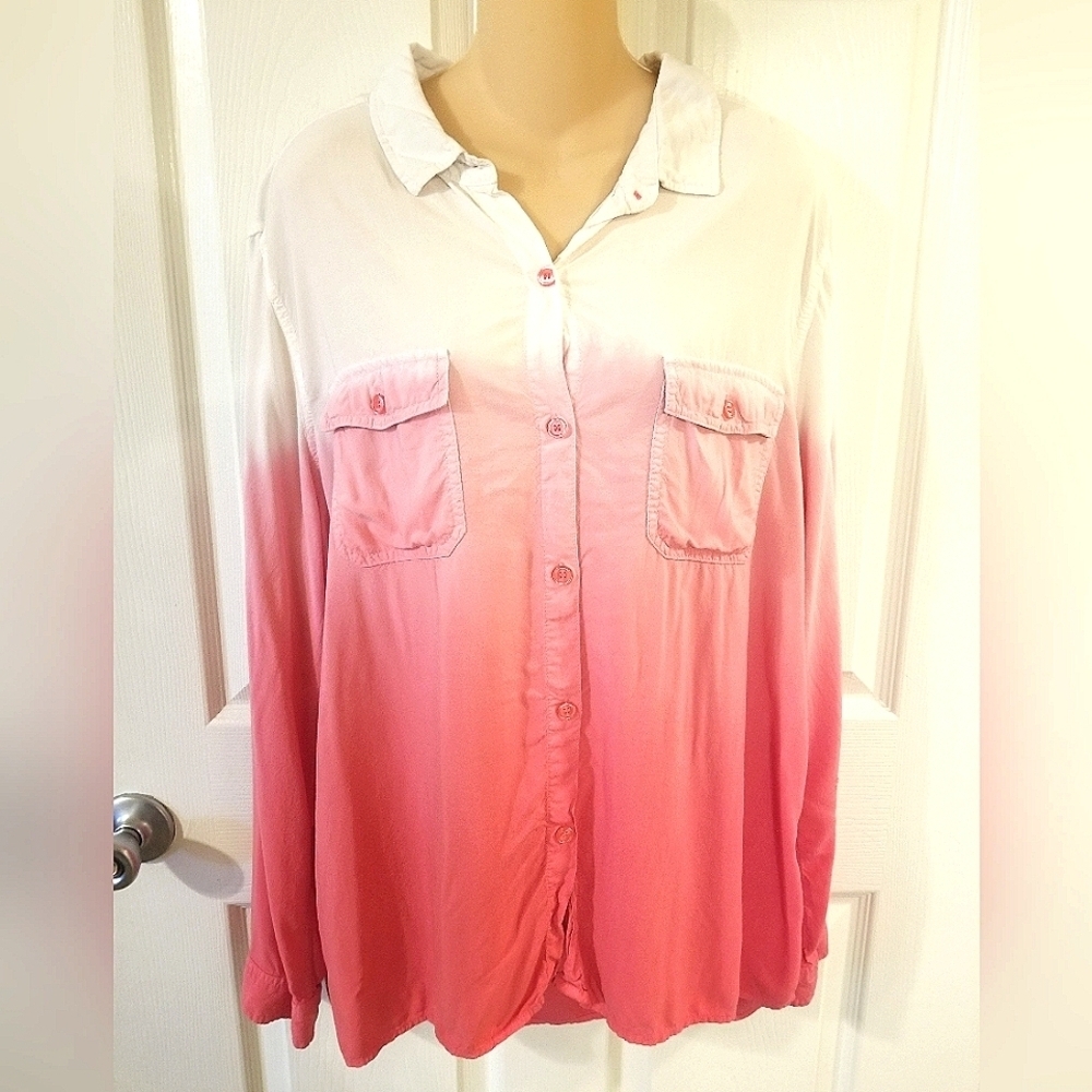 Faded Glory White to Pink Gradient Button Down Shirt